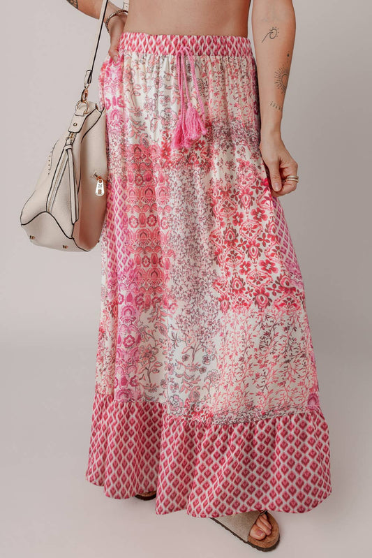Boho Pattern Print - High Waist Maxi Skirt