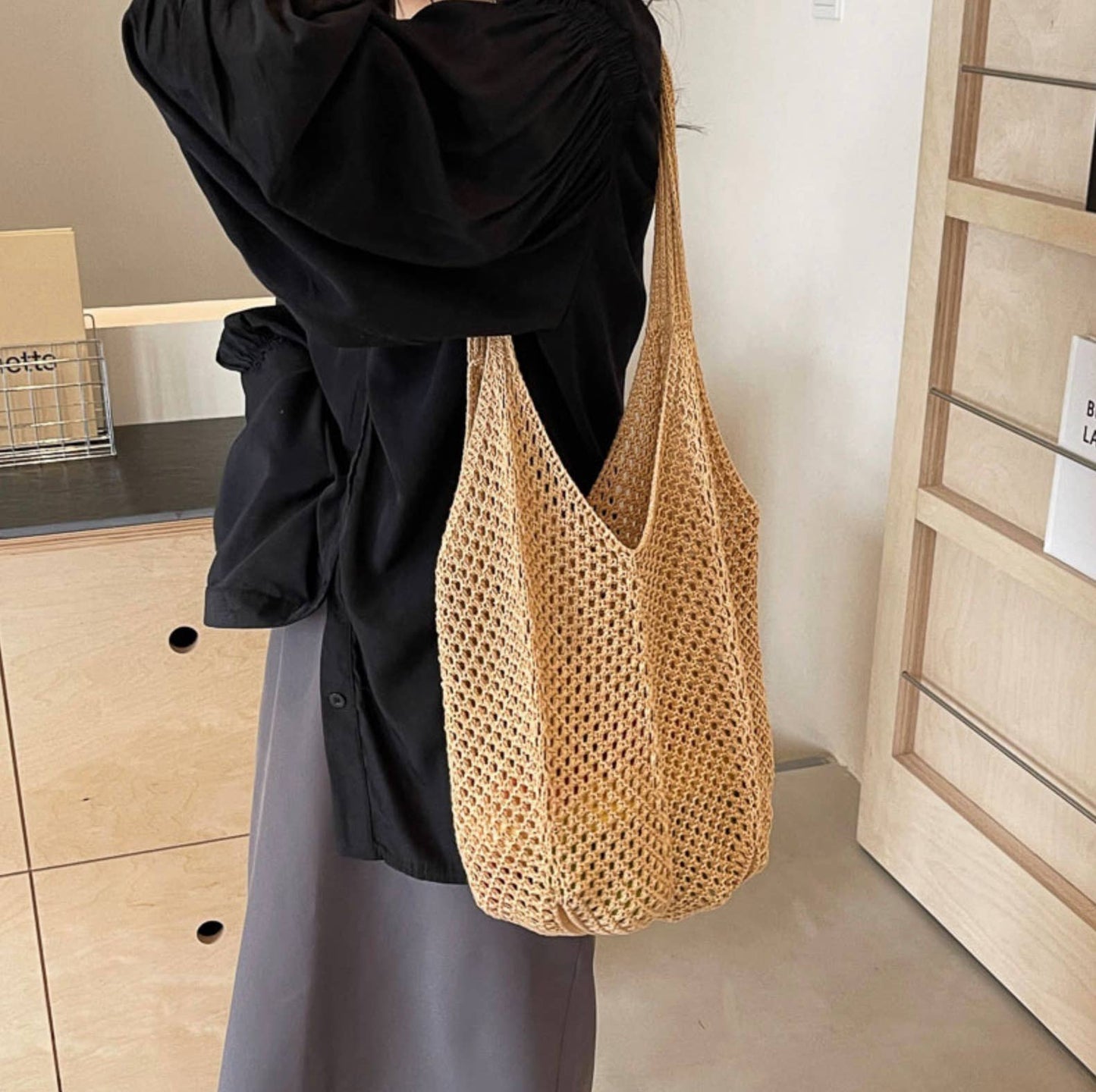 Hand Knit Neutral Colored Shoulder Bags - TIYA