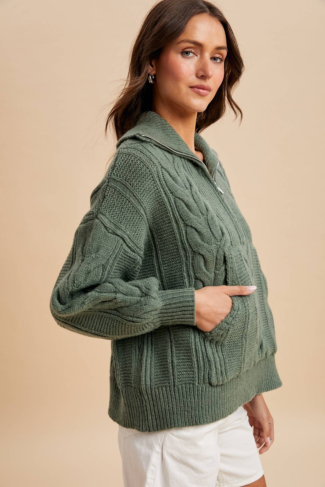 CHUNKY CABLE KNIT HALF ZIP SWEATER