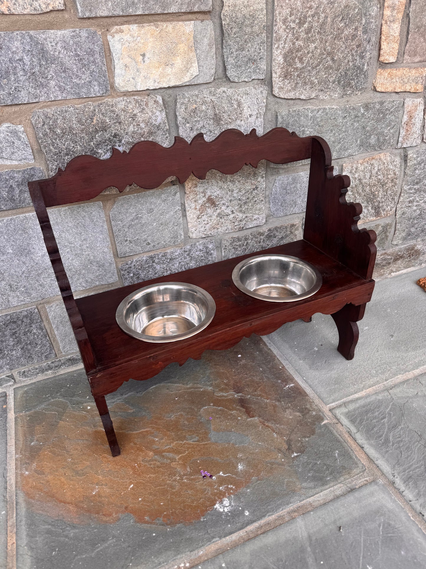 Vintage Pine Carved Dog Bowl Stand