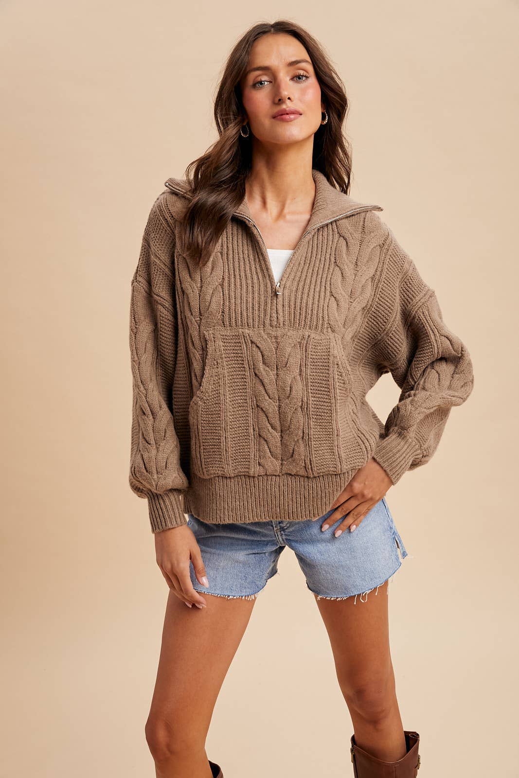 CHUNKY CABLE KNIT HALF ZIP SWEATER