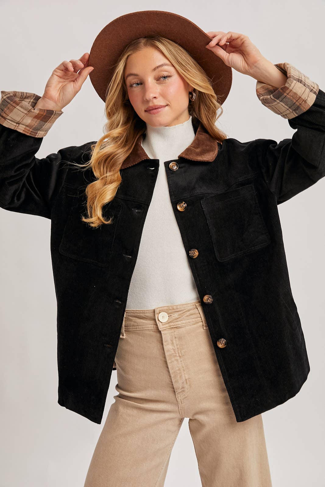 CORDUROY BUTTON DOWN BARN COAT INNER PLAID