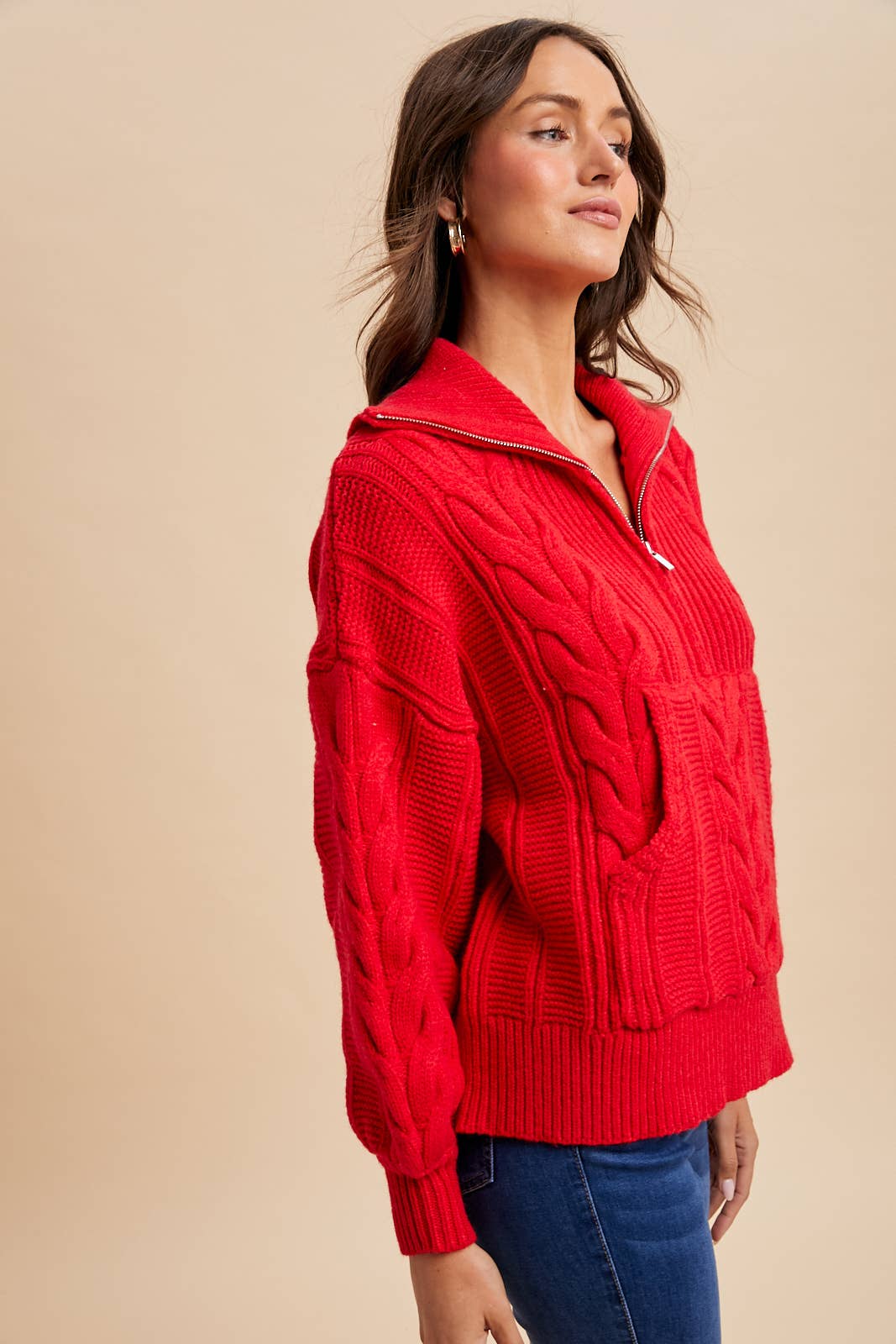 CHUNKY CABLE KNIT HALF ZIP SWEATER