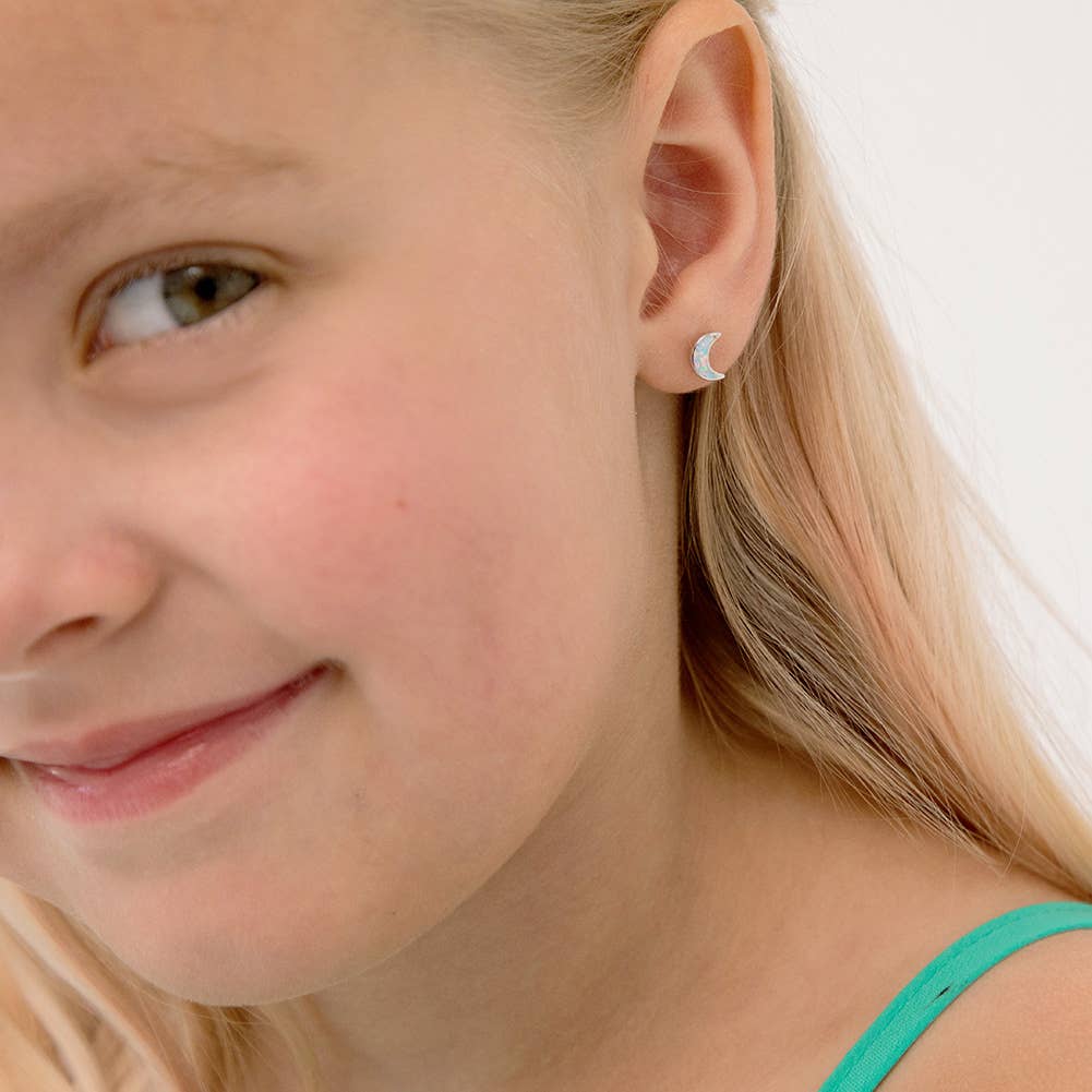 Opal Crescent Moon Girls Earrings - Sterling Silver