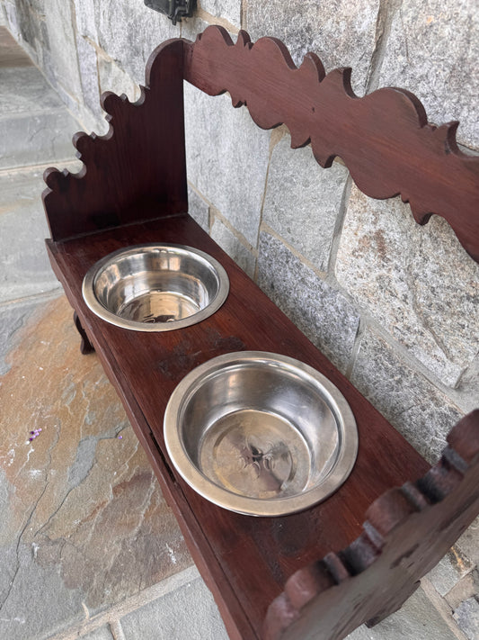 Vintage Pine Carved Dog Bowl Stand