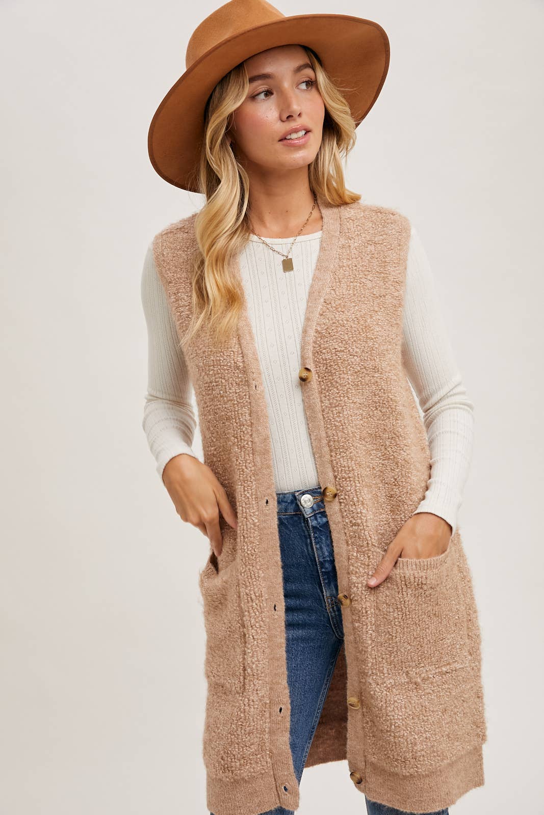 BUTTON DOWN V-NECK TEDDY KNIT LONG LINED VEST