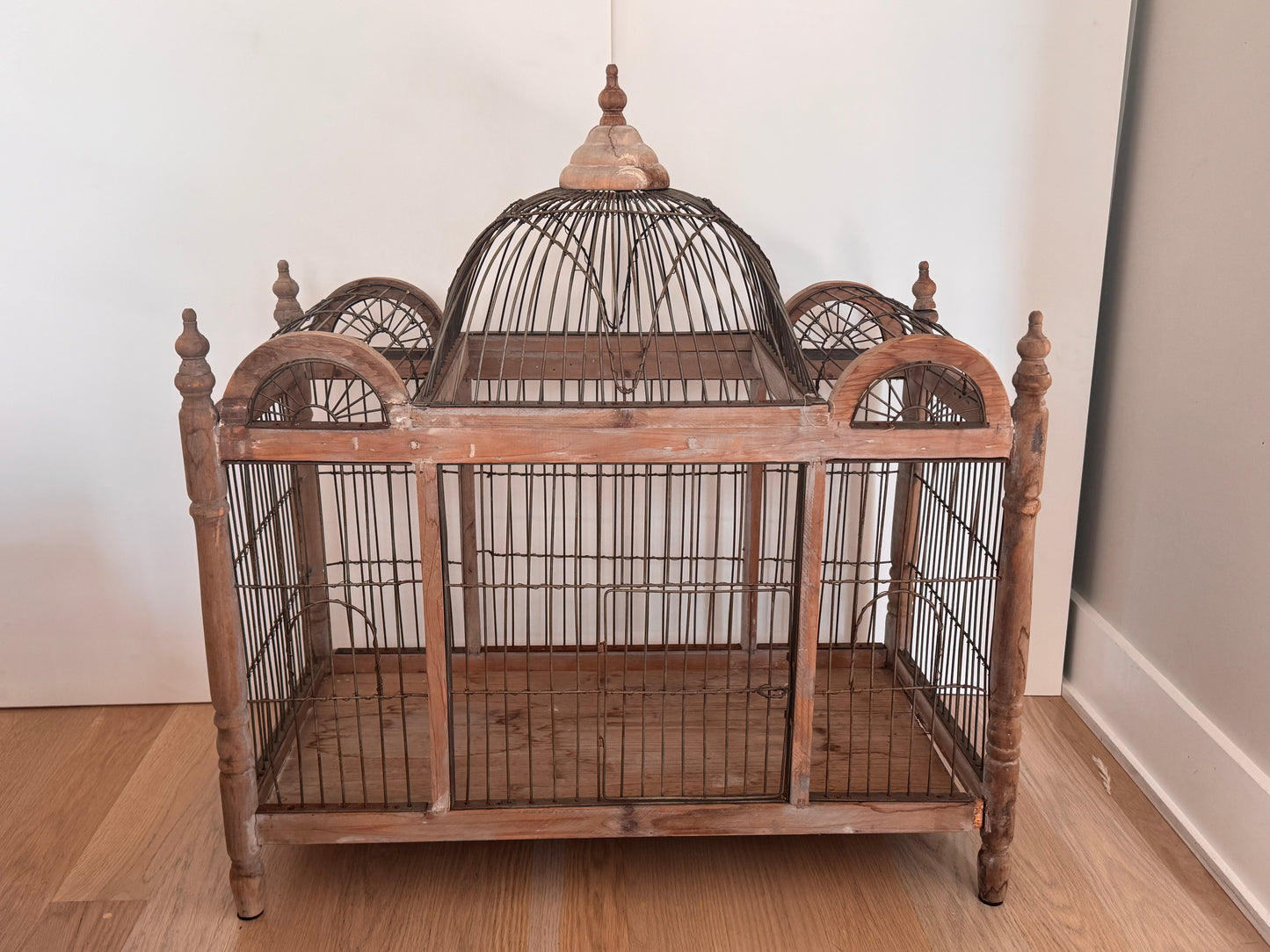 Large Antique Wood & Metal Bird Cage