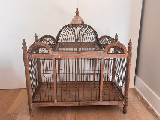 Large Antique Wood & Metal Bird Cage