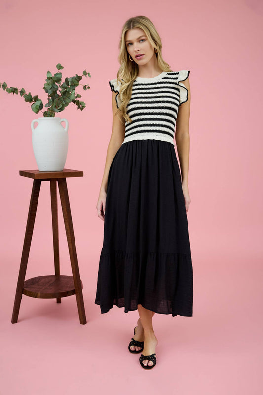 Lya Dress - Stripe Sweater Top Mixed Media Midi Dress