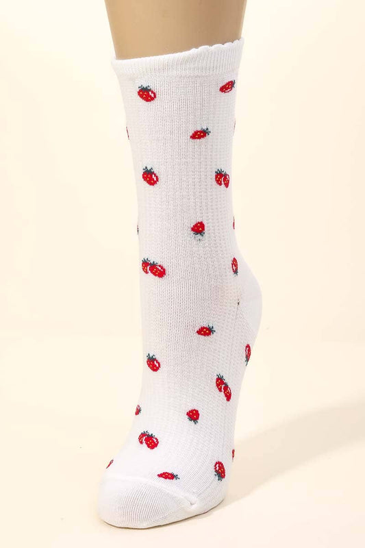 White Strawberry Print Socks