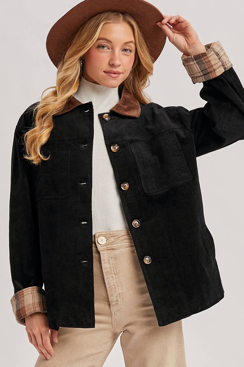 CORDUROY BUTTON DOWN BARN COAT INNER PLAID