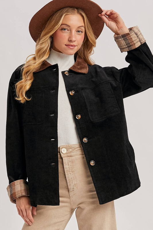 CORDUROY BUTTON DOWN BARN COAT INNER PLAID