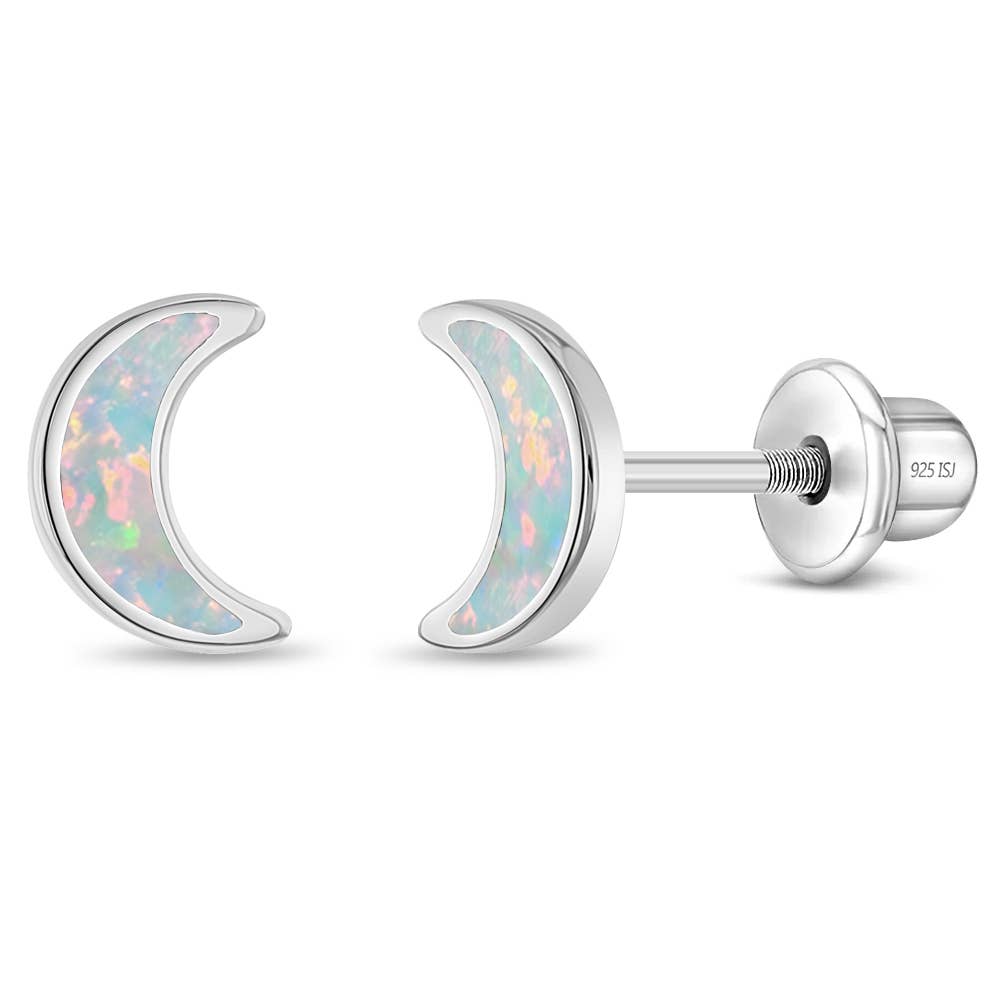 Opal Crescent Moon Girls Earrings - Sterling Silver