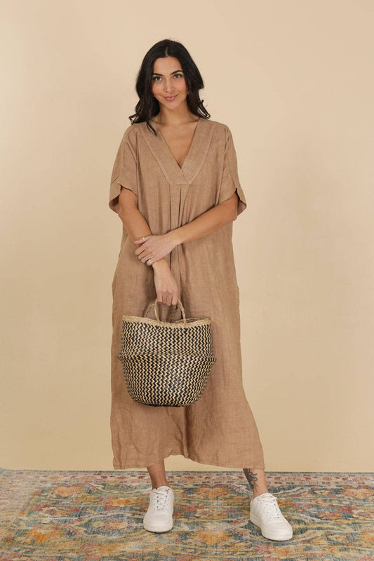 Long Linen V-Neck Dress