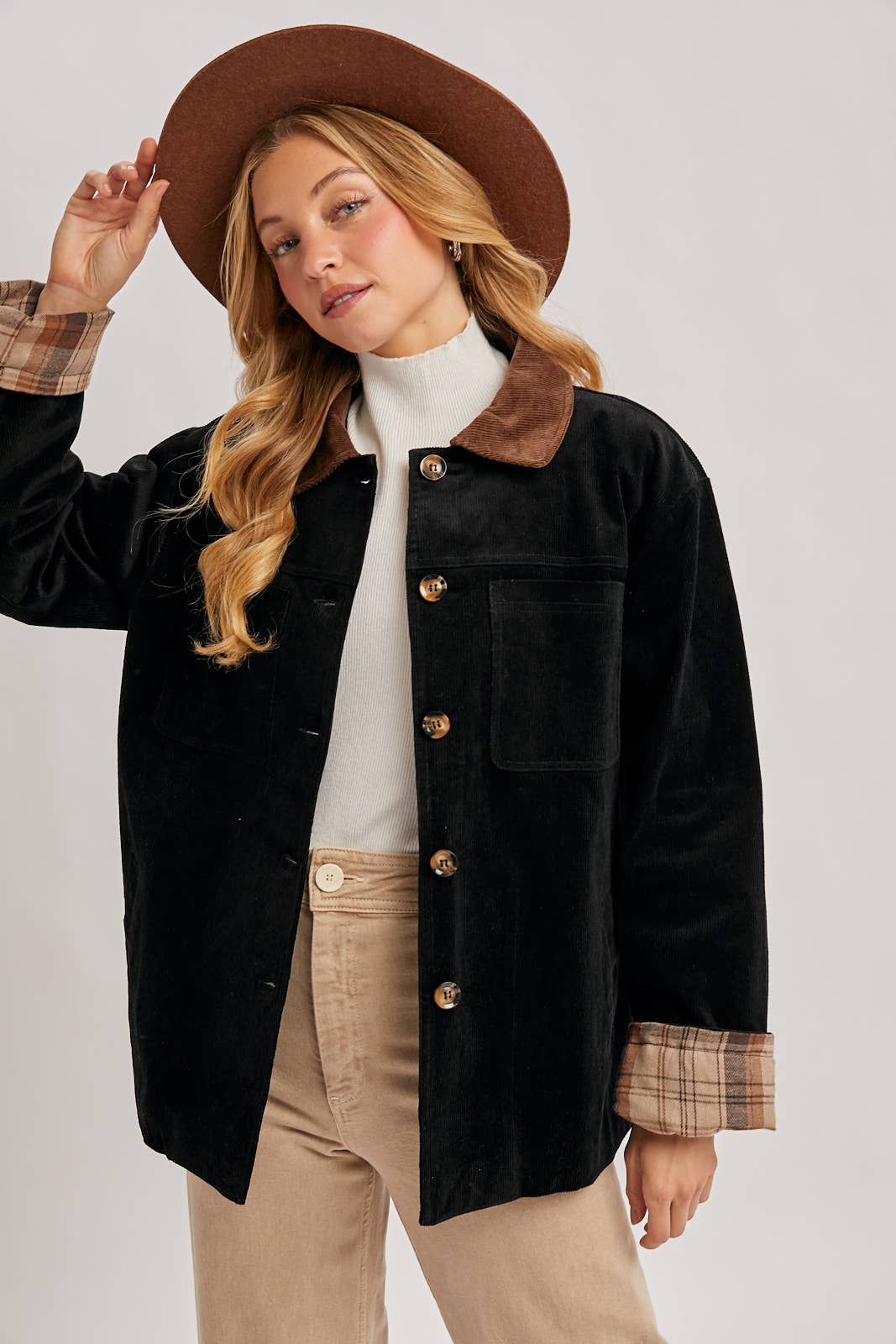CORDUROY BUTTON DOWN BARN COAT INNER PLAID