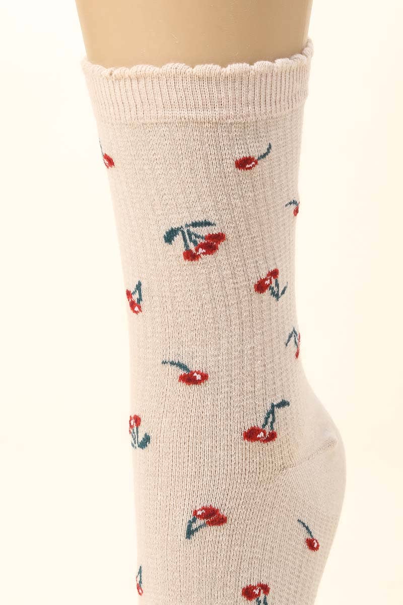 Beige Cherry Print Socks
