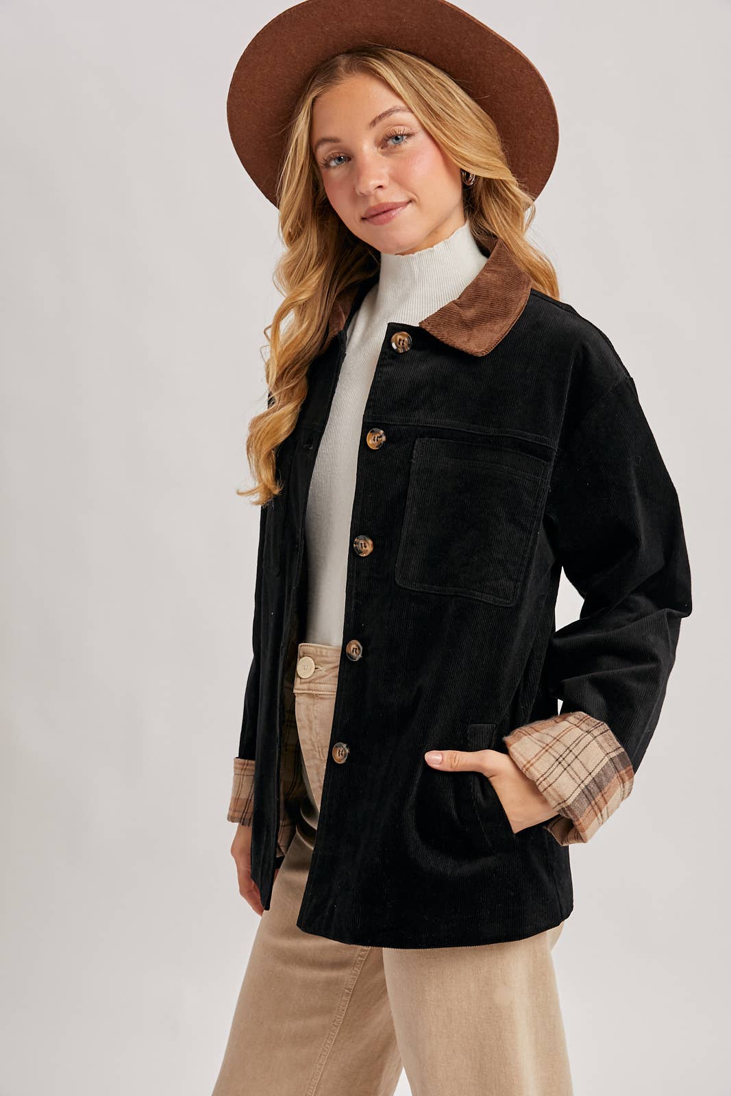 CORDUROY BUTTON DOWN BARN COAT INNER PLAID