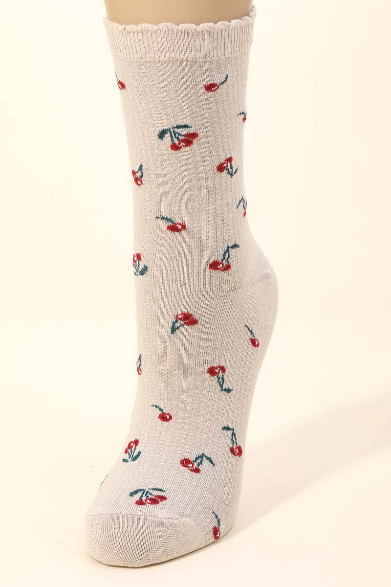 Beige Cherry Print Socks