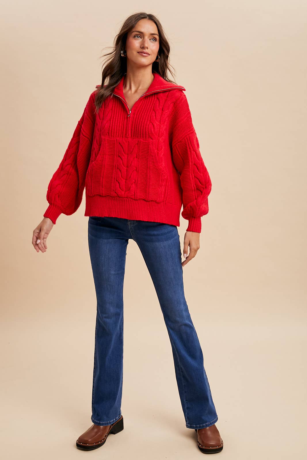 CHUNKY CABLE KNIT HALF ZIP SWEATER