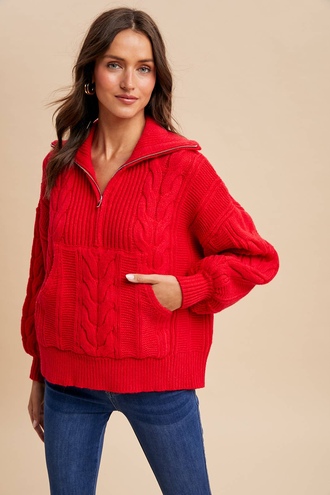 CHUNKY CABLE KNIT HALF ZIP SWEATER