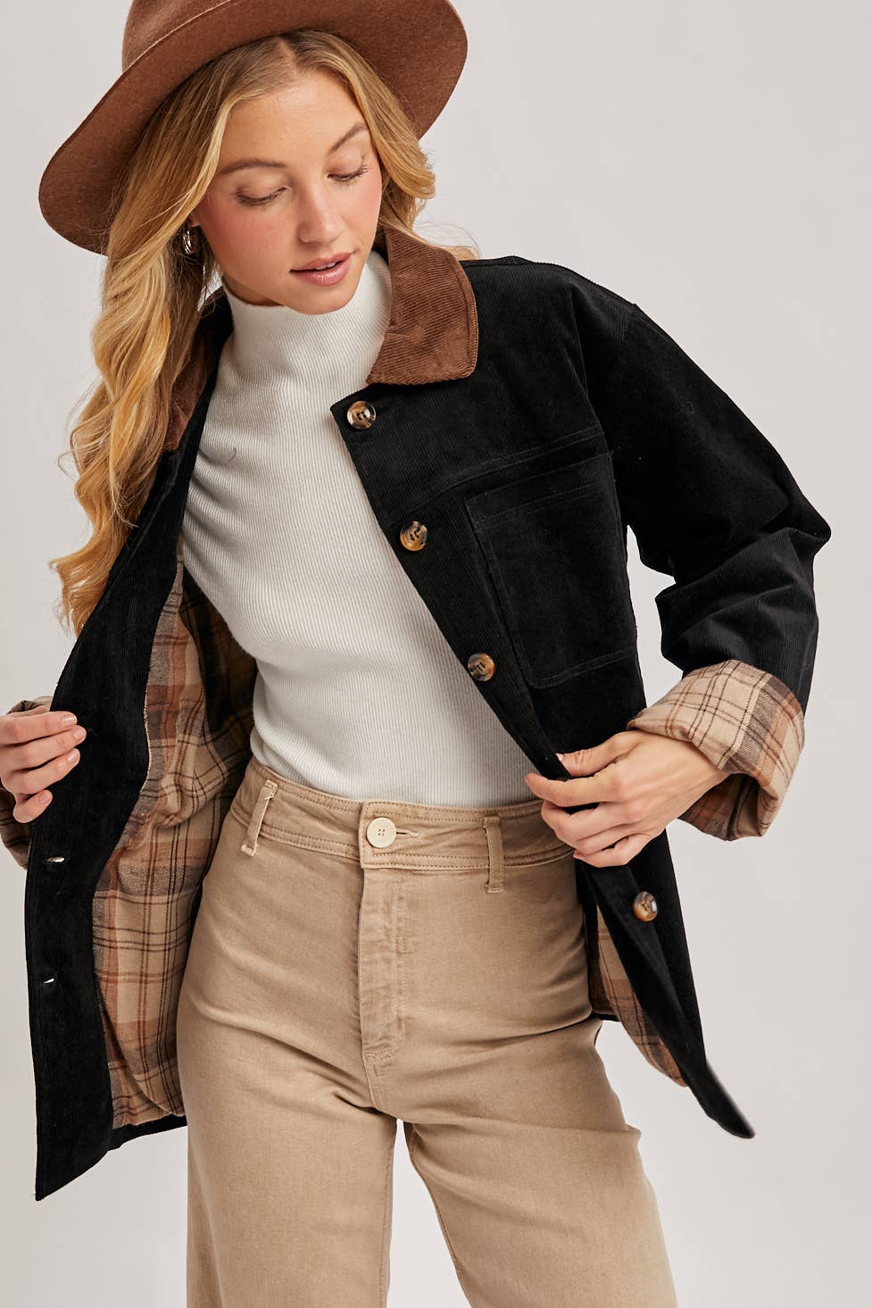 CORDUROY BUTTON DOWN BARN COAT INNER PLAID