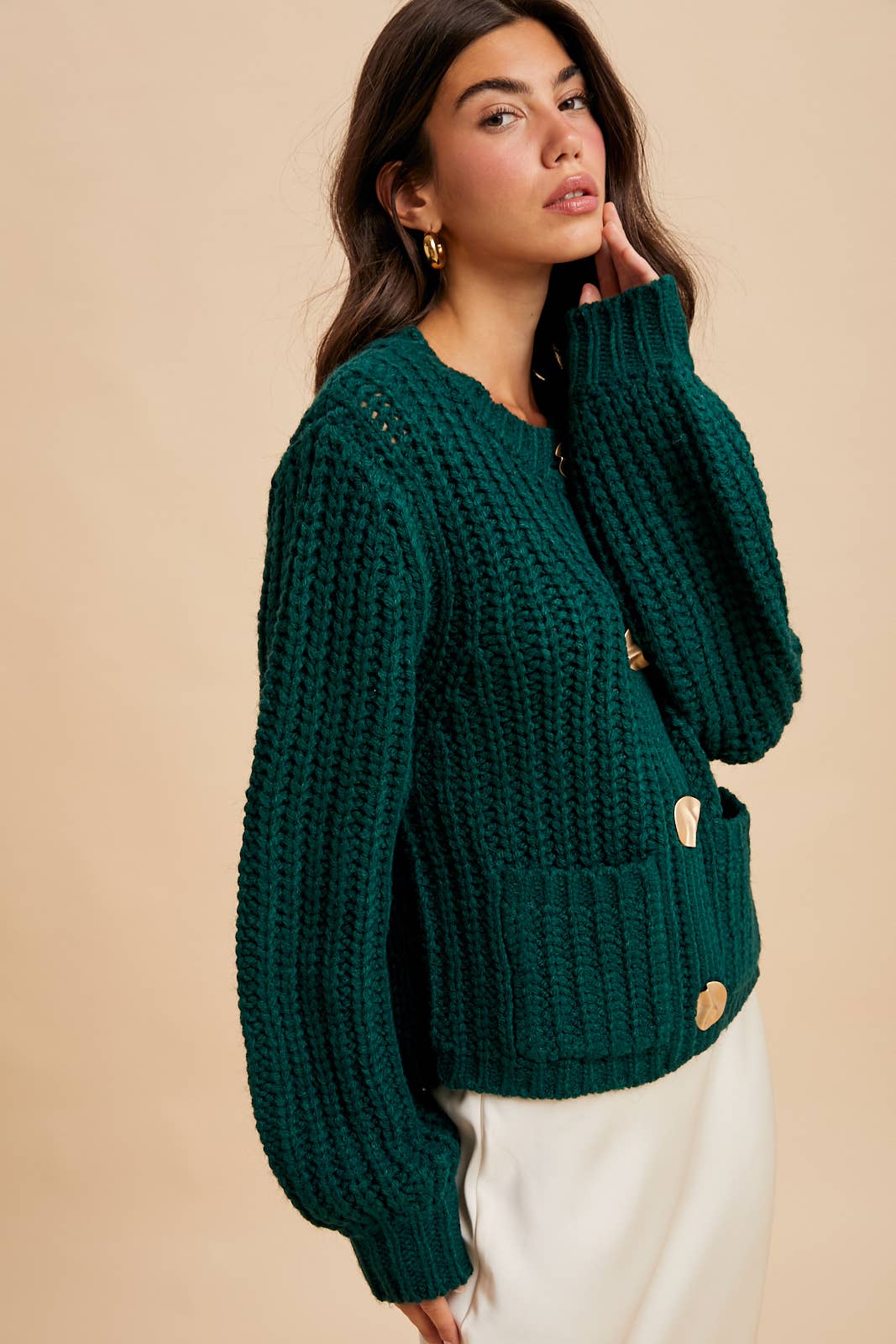CHUNKY STATEMENT BUTTON CABLE KNIT CARDIGAN