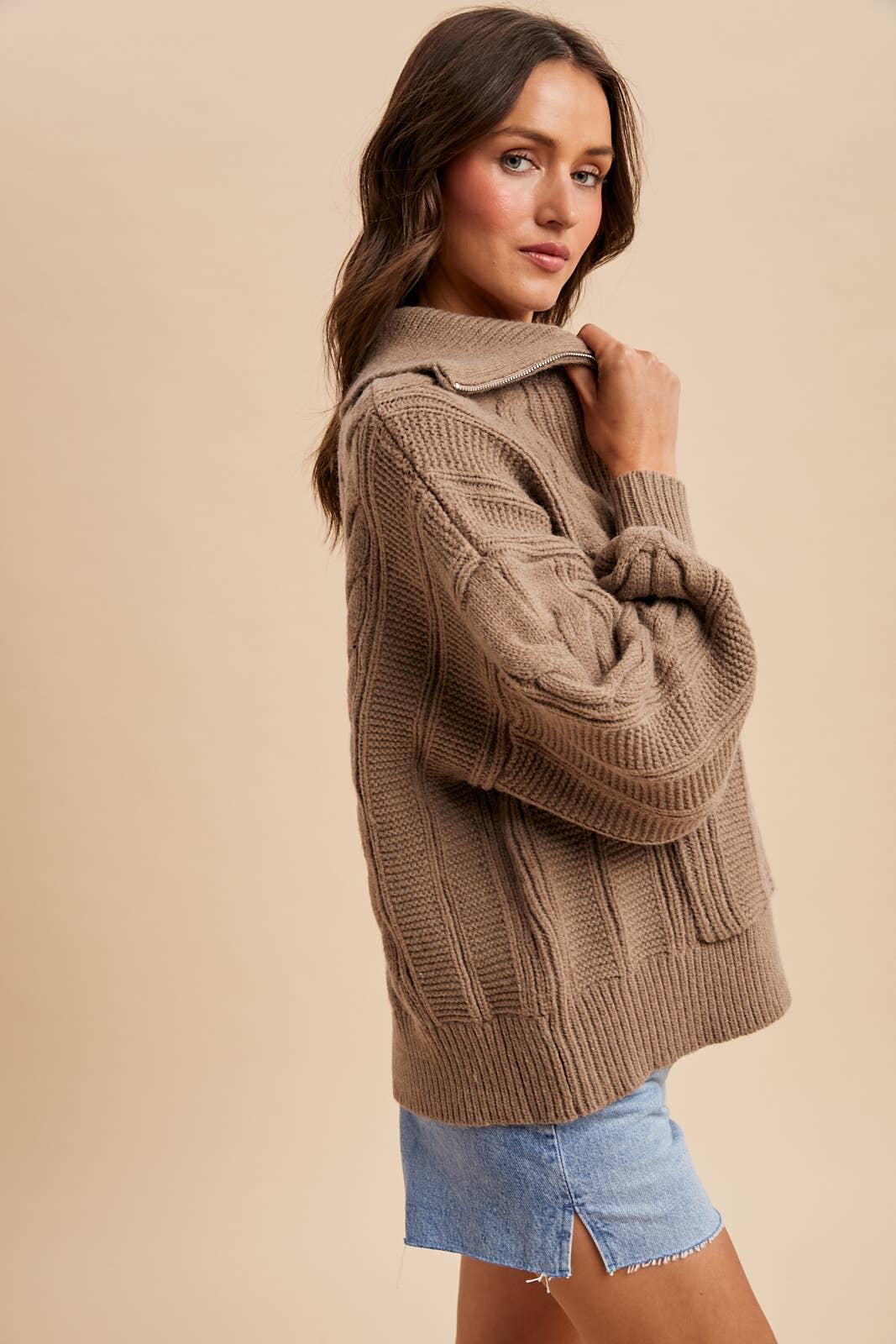 CHUNKY CABLE KNIT HALF ZIP SWEATER