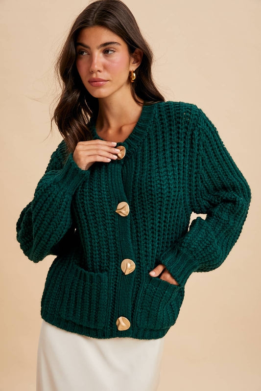 CHUNKY STATEMENT BUTTON CABLE KNIT CARDIGAN