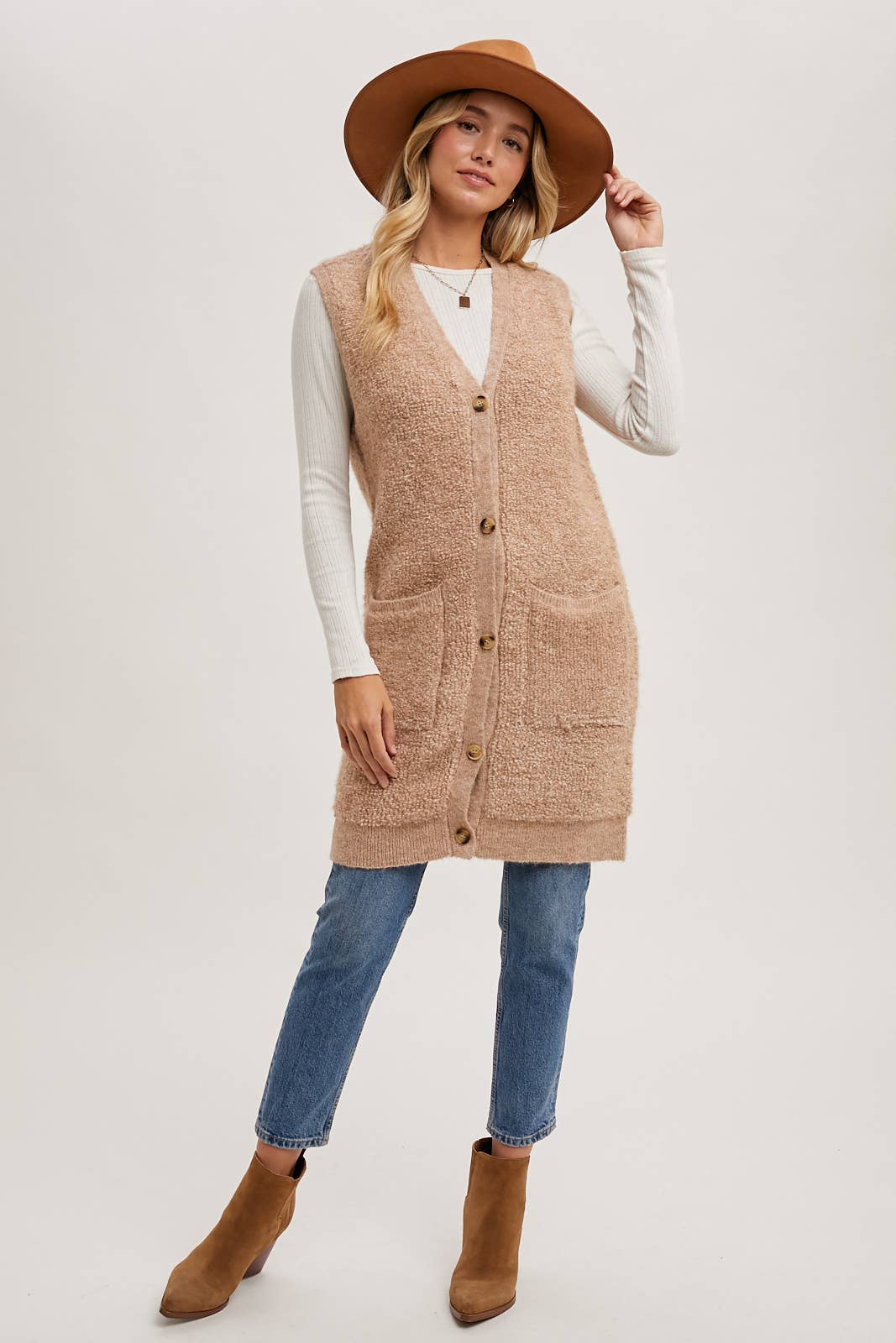 BUTTON DOWN V-NECK TEDDY KNIT LONG LINED VEST