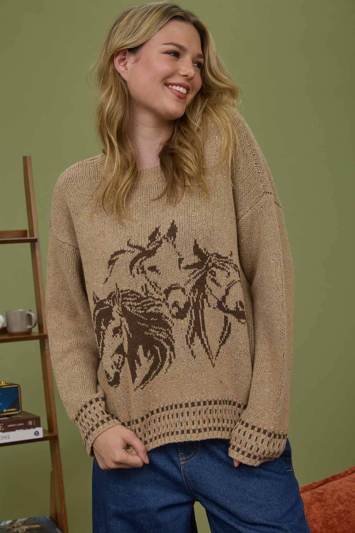 HORSE JACQUARD LONG SLEEVE KNIT SWEATER
