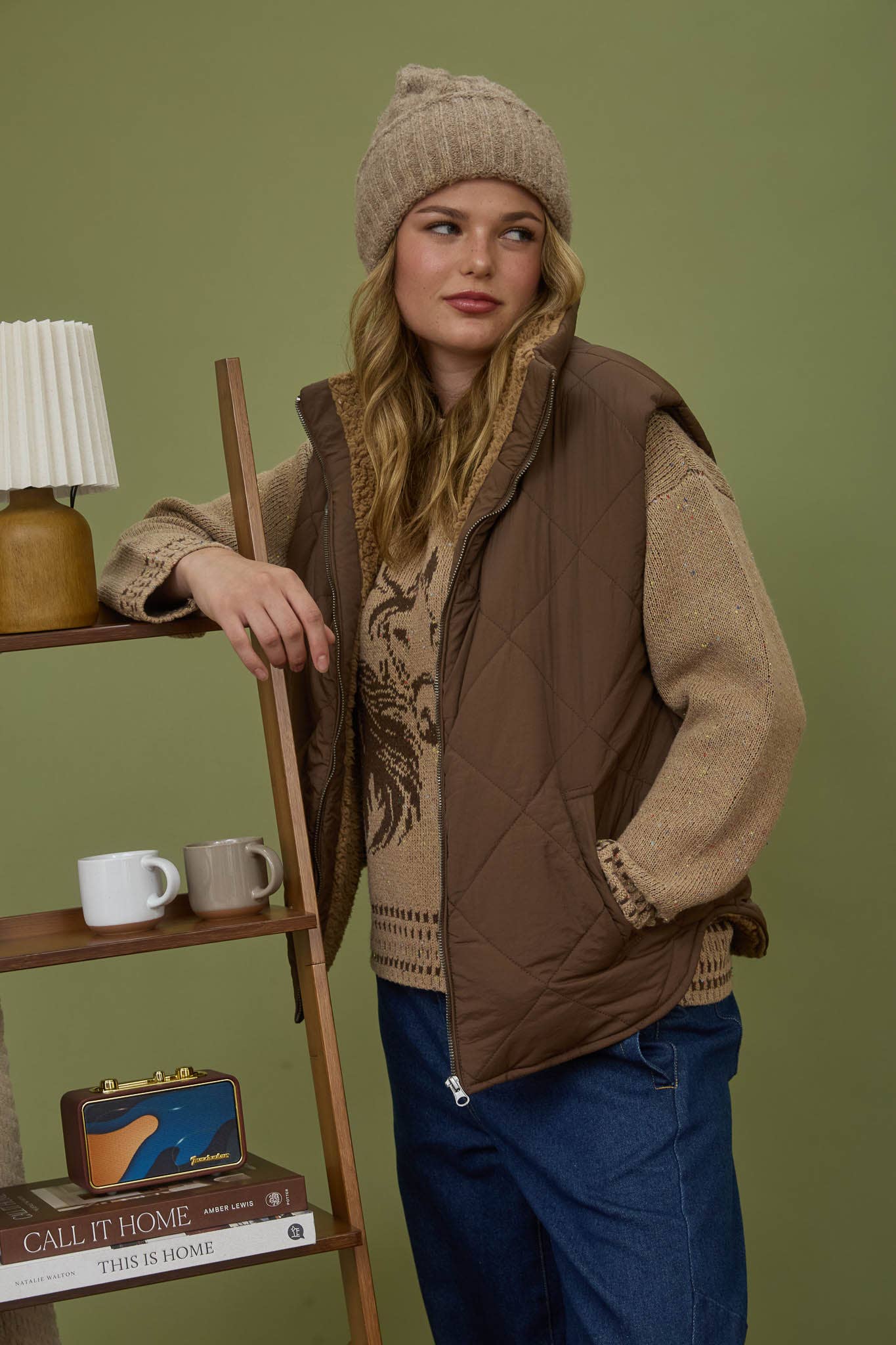 QUILTED ZIP UP FLEECE LINED PUFFER VEST