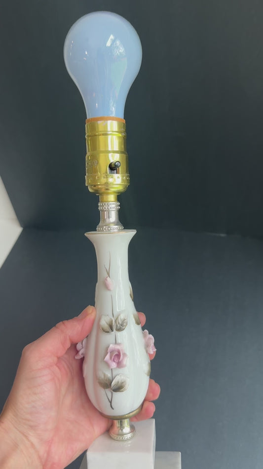 Vintage Bedside Lamp White Porcelain Pink Roses.